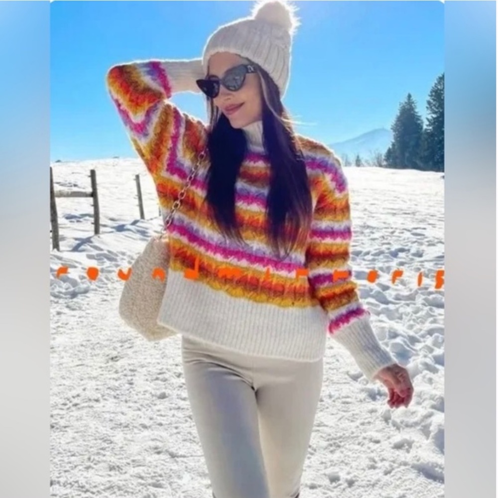 ZARA Blogger Fav Chunky Woven Knit Jacquard Rainbow Sweater Striped Weave NWT